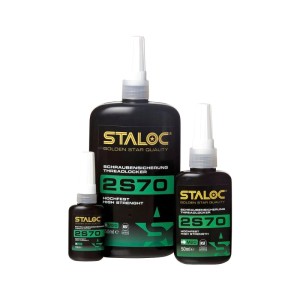 Staloc Schraubensicherung 2S70 hochfest, grün, in drei schwarzen Flaschen. Sichert Gewinde bis M20, 50 ml.