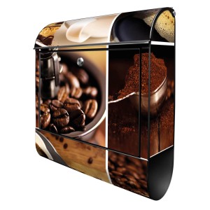 Schwarzer Banjado Design Briefkasten mit Kaffee&Schokolade Motiv und Zeitungsfach, 39x47x14cm.