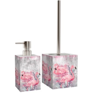 Sanilo Bad Set mit Flamingo-Motiv: Seifenspender und WC-Bürste für stilvolles Badezimmer.