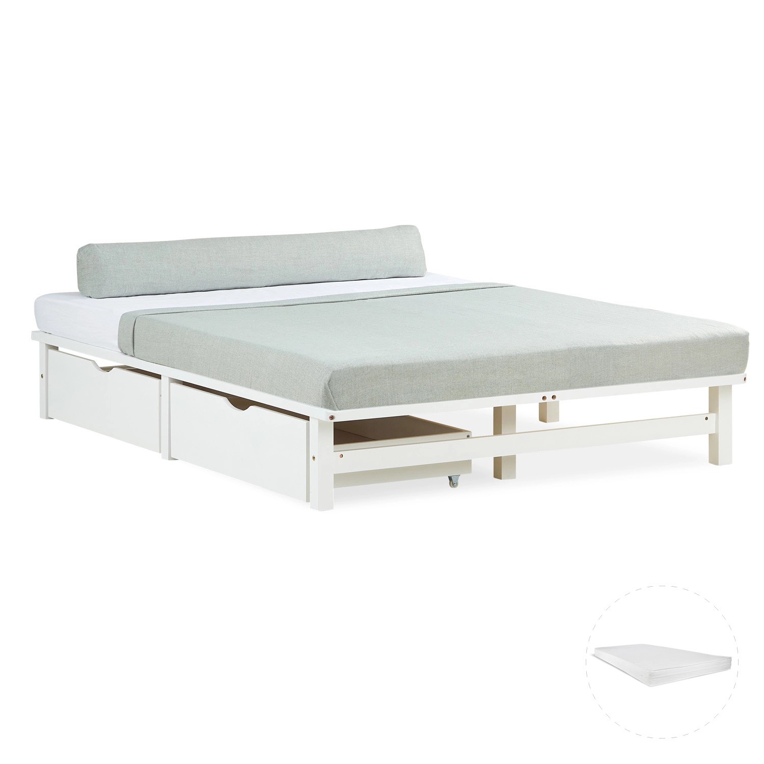 Homestyle4u Holzbett Jugendbett Palettenbett 140x200 mit Matratze 2 Bettkästen Weiß 3042