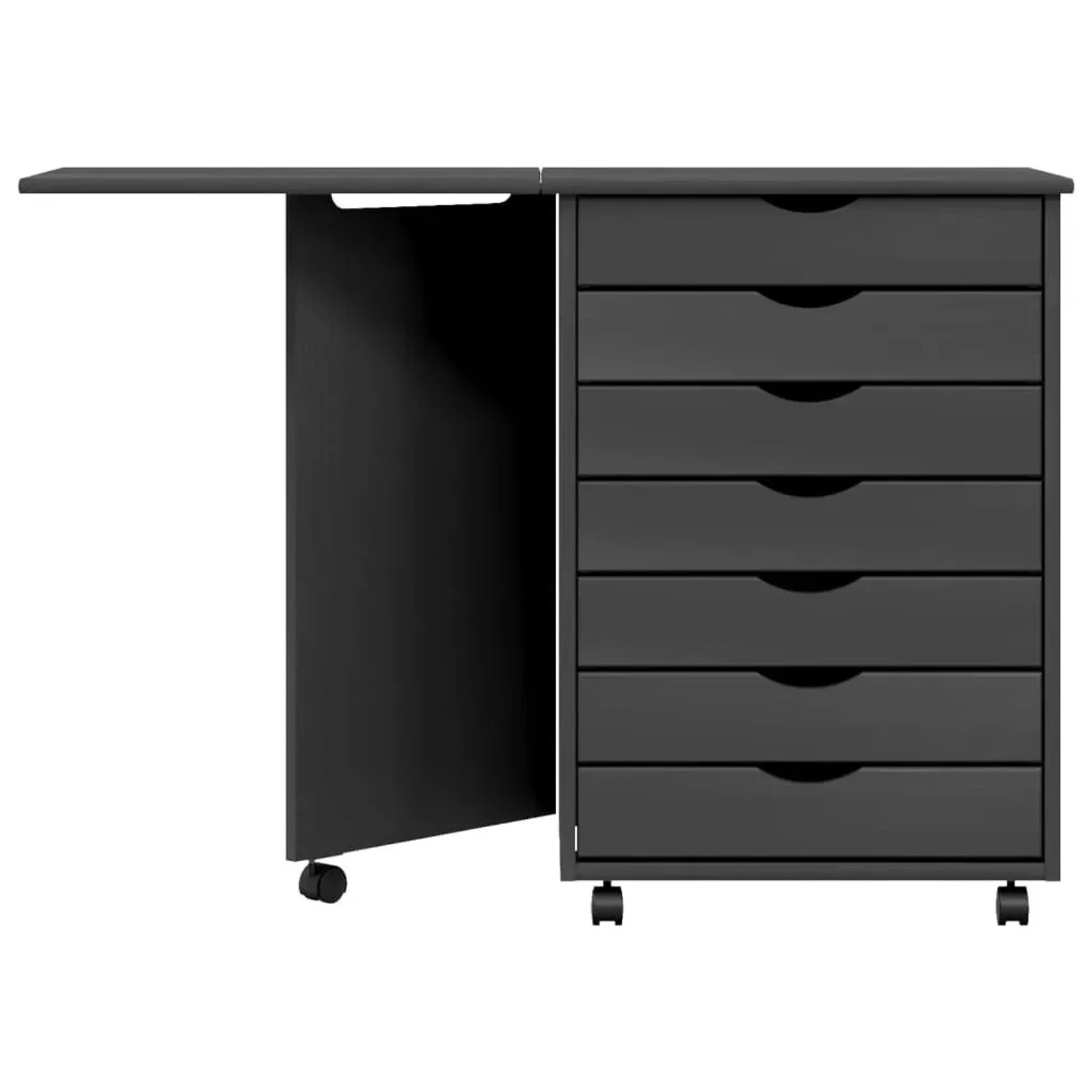 vidaXL Rollschrank mit Schreibtisch, grau, Kiefer Massivholz, 7 Schubladen, klappbarer Tisch.