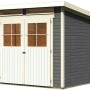 Karibu Holz-Gartenhaus Egersund, terragrau, mit Pultdach und Doppeltür.