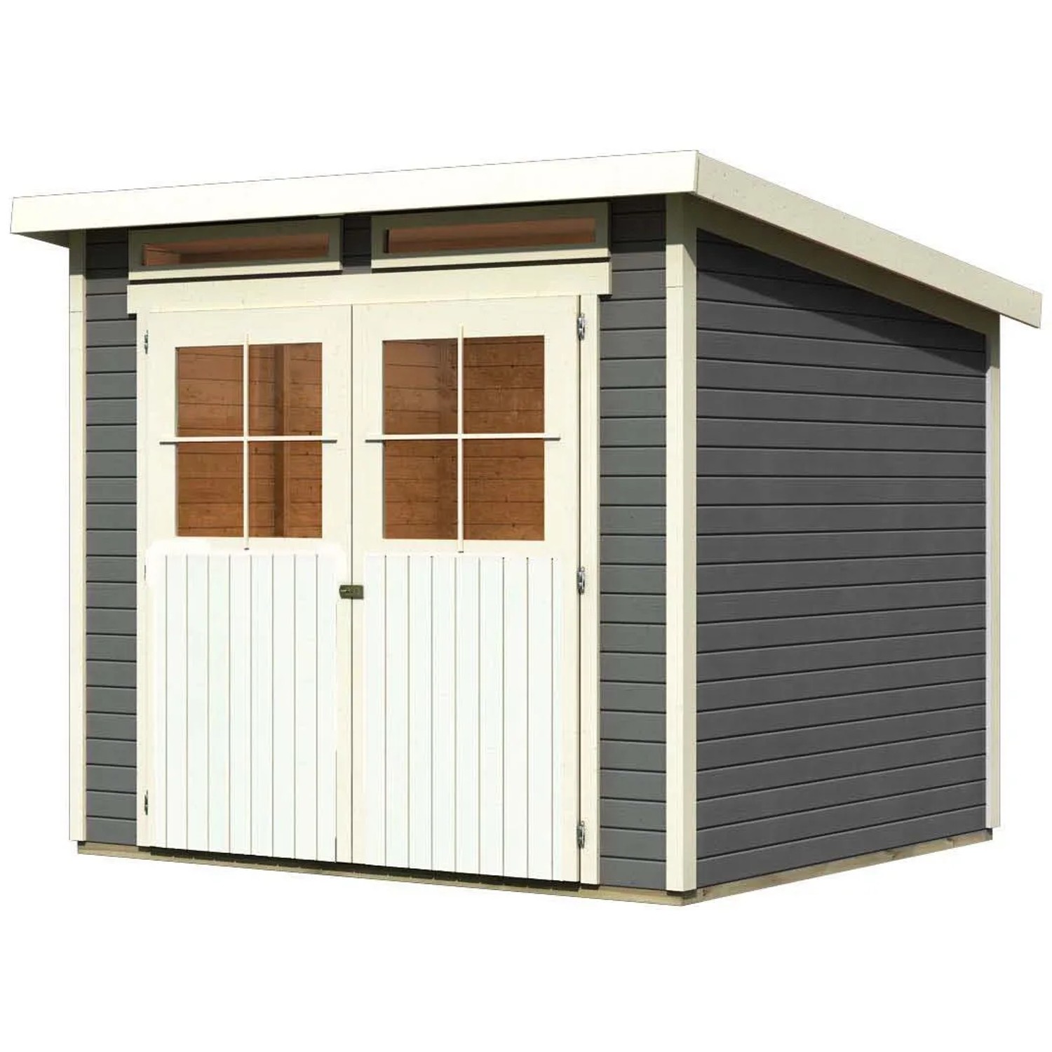 Karibu Holz-Gartenhaus Egersund, terragrau, mit Pultdach und Doppeltür.