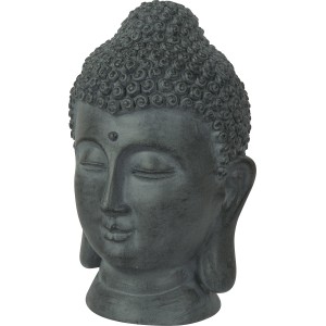 Grauer Buddha Kopf, 18x30cm, aus Polyresin für die Gartendekoration.