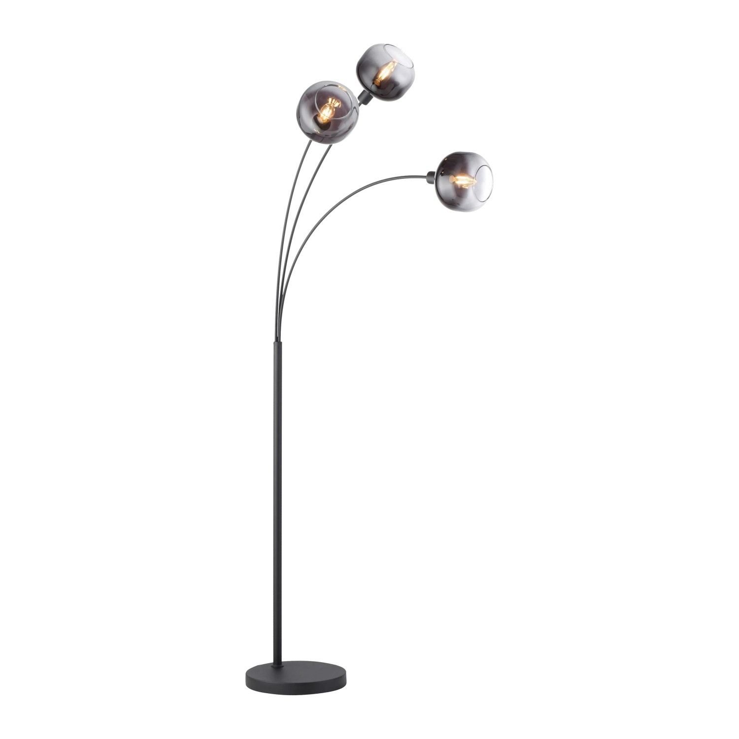 Schwarze Just Light Stehleuchte Zea mit 3 Rauchglas-Leuchten, 160x95cm. Design-Lampe für Wohnräume.