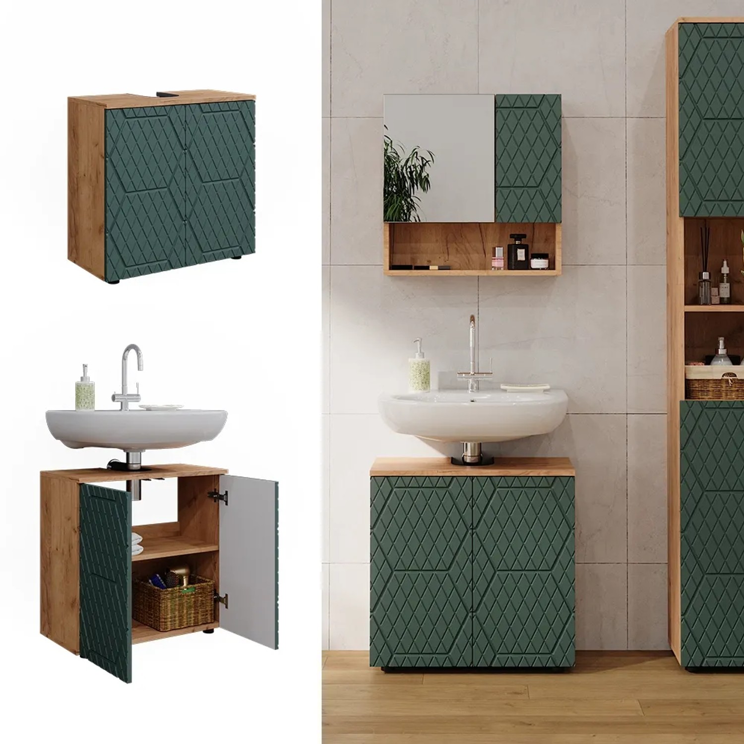 Vicco Waschbeckenunterschrank Irma, Eiche/Grün, 60 cm breit. Badmöbel mit Stauraum.