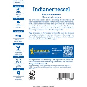 Kiepenkerl Saatgut Indianernessel Zitronenmonarde: Verpackung mit Infos zu Aussaat und Eigenschaften.