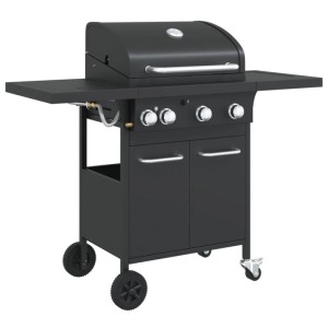 Schwarzer vidaXL Gasgrill mit 4 Flammen, Seitenablagen, Unterschrank, Thermometer und Rädern aus Stahl.