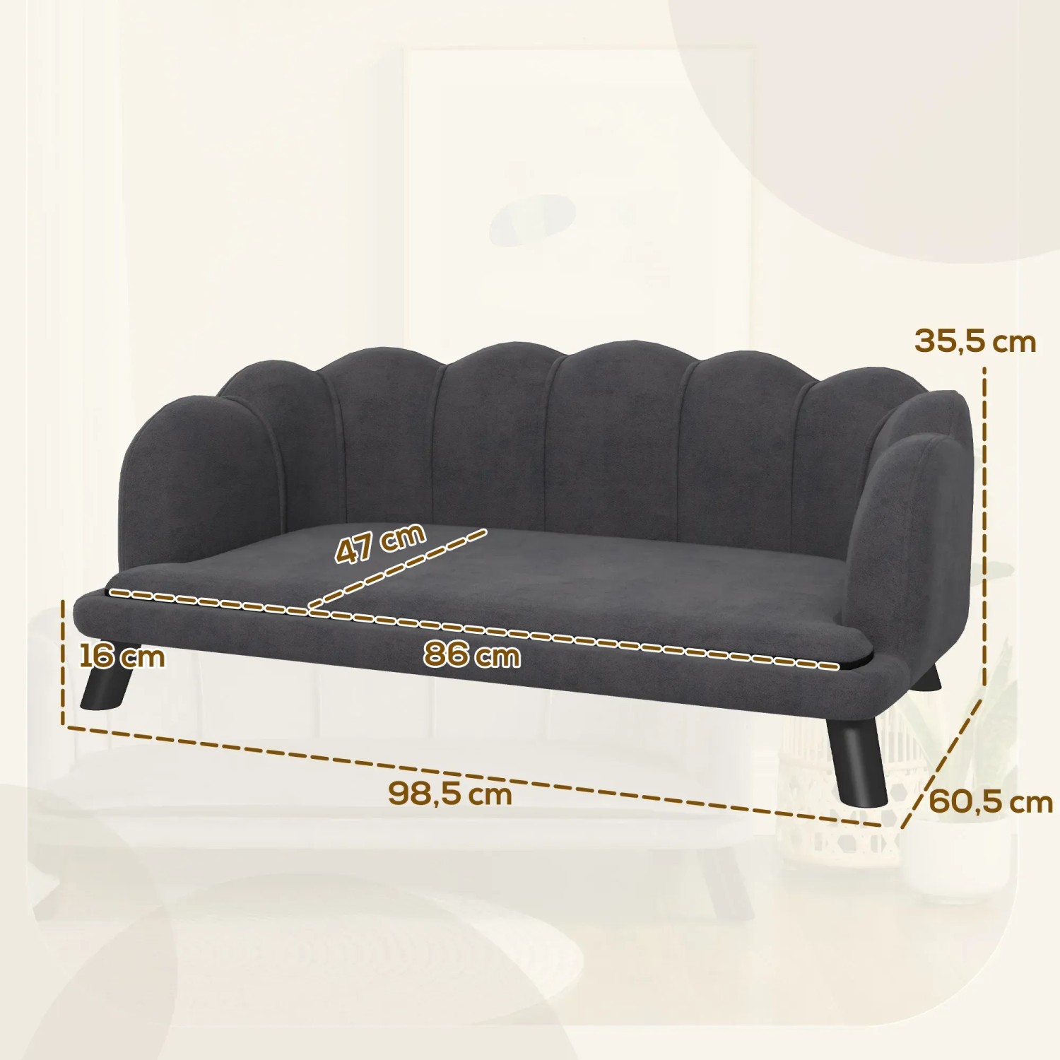 Graues PawHut Hundesofa mit Rückenlehne, Holzbeinen und Maßangaben für kleine Hunde.