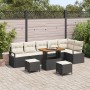 Schwarzes 9-teiliges vidaXL Garten-Sofa-Set aus Poly Rattan mit Tisch und Kissen.