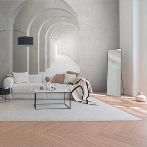 Fototapete Architektur Grau-Weiß mit 3D-Tunnel-Motiv im Wohnraum.