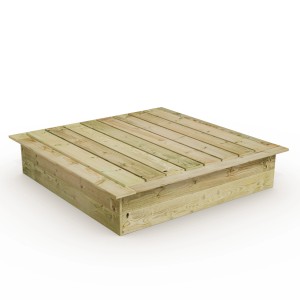 Quadratischer Wickey Sandkasten King Kong 145x145 cm mit Deckel aus Holz.