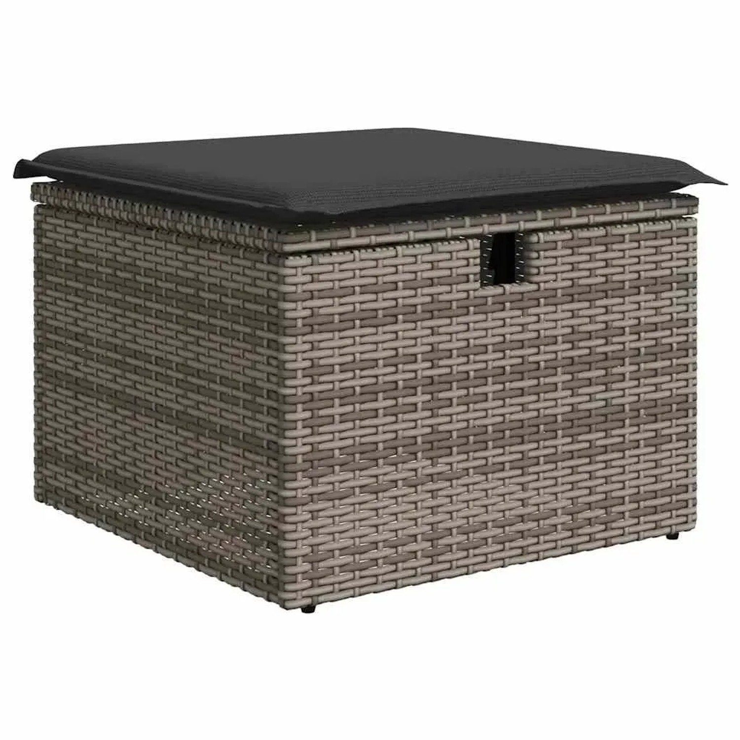 Fußhocker aus grauem Polyrattan mit dunklem Kissen, Teil der vidaXL Garten-Sofagarnitur.