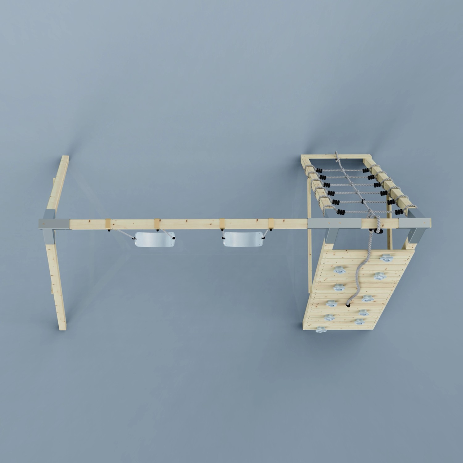 PolarPlay Klettergerüst Biene Eisblau mit Schaukel und Kletterwand, Vogelperspektive.