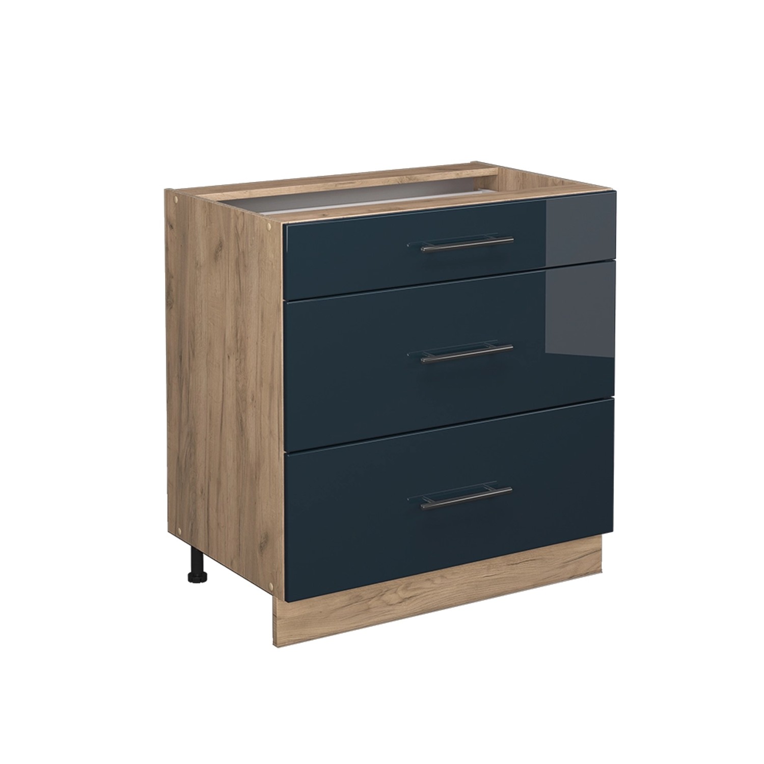 Vicco Küchenunterschrank Fame-Line Dunkelblau Hochglanz/Goldkraft Eiche 80 cm mit 3 Schubladen ohne Arbeitsplatte