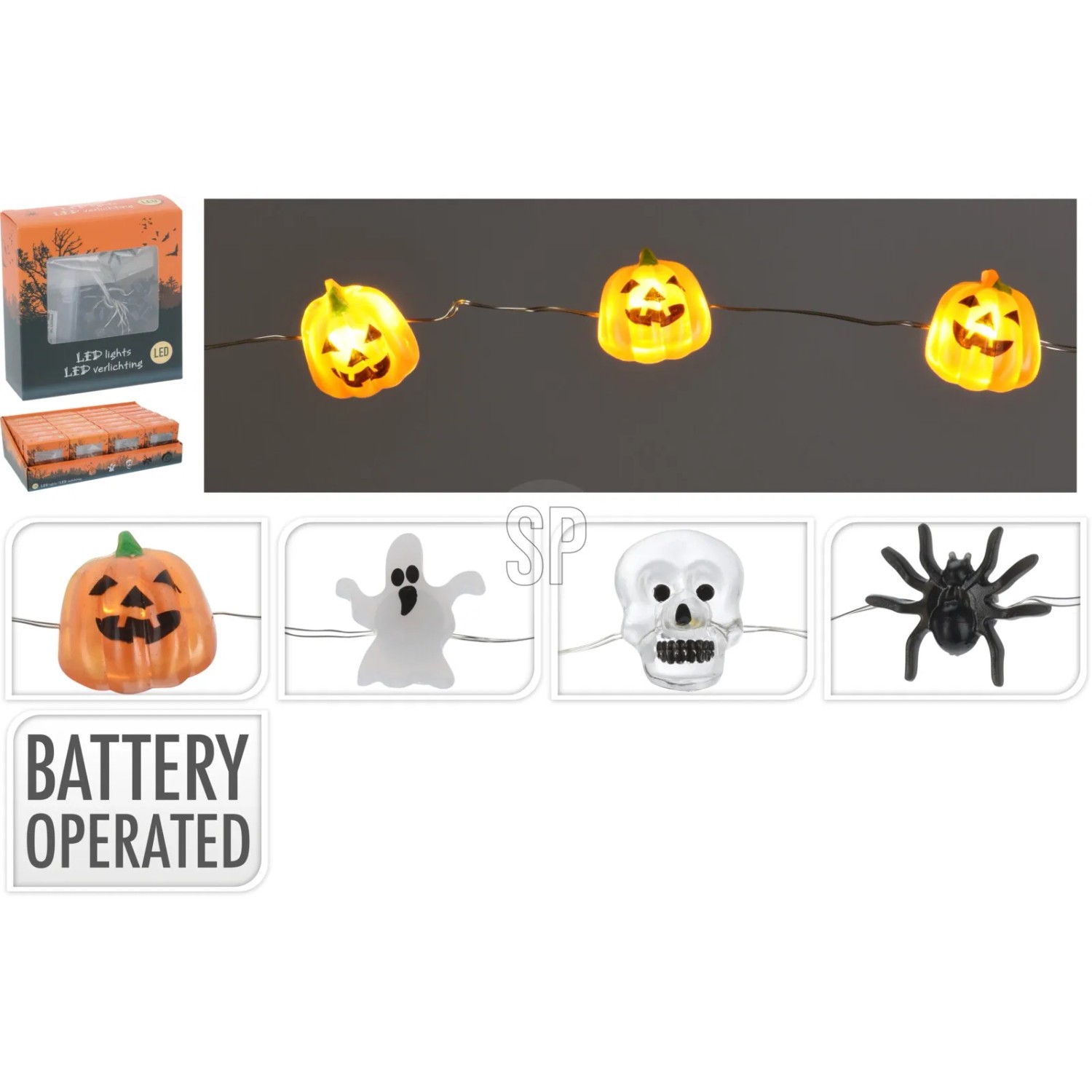 LED-Lichterkette mit Kürbis, Geist, Totenkopf und Spinne für Halloween, warmweiß.