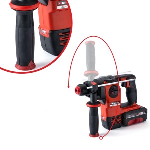 Einhell Akku-Bohrhammer Herocco Solo, rotes Gehäuse mit Zusatzhandgriff und Koffer.