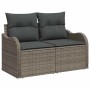 Graues vidaXL Garten-Sofa-Set (7-tlg.) aus Poly Rattan mit Kissen.