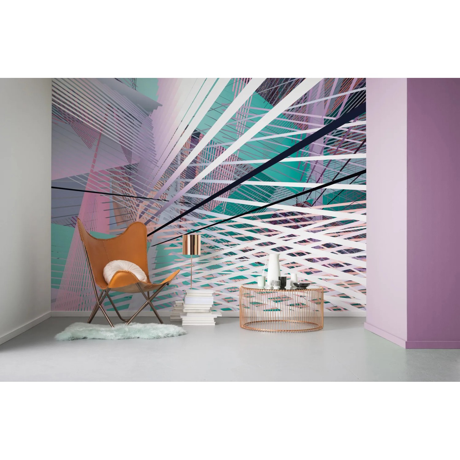 Komar Vlies Fototapete Space Grid Spring, 400x250cm, mit abstraktem Linienmuster in Pastellfarben.