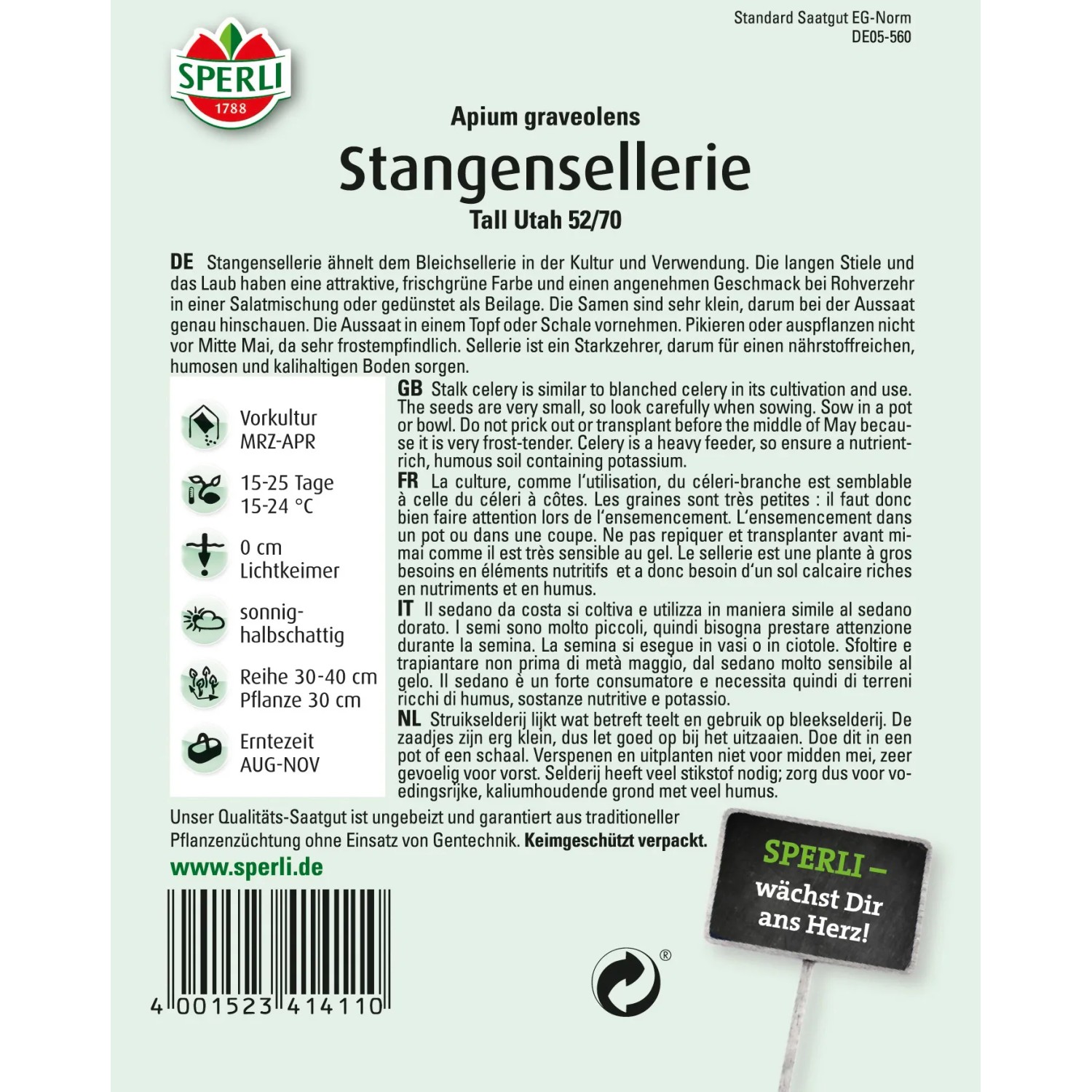 Sperli Stangensellerie Tall Utah 52/70 Samenpackung, Gemüsesamen für den Garten.