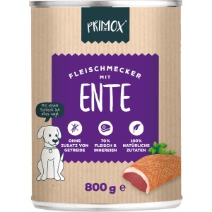 Primox Fleischmecker Ente 800g, Nassfutter für Hunde ohne Getreide und Zucker. Mit 70% Fleischanteil.