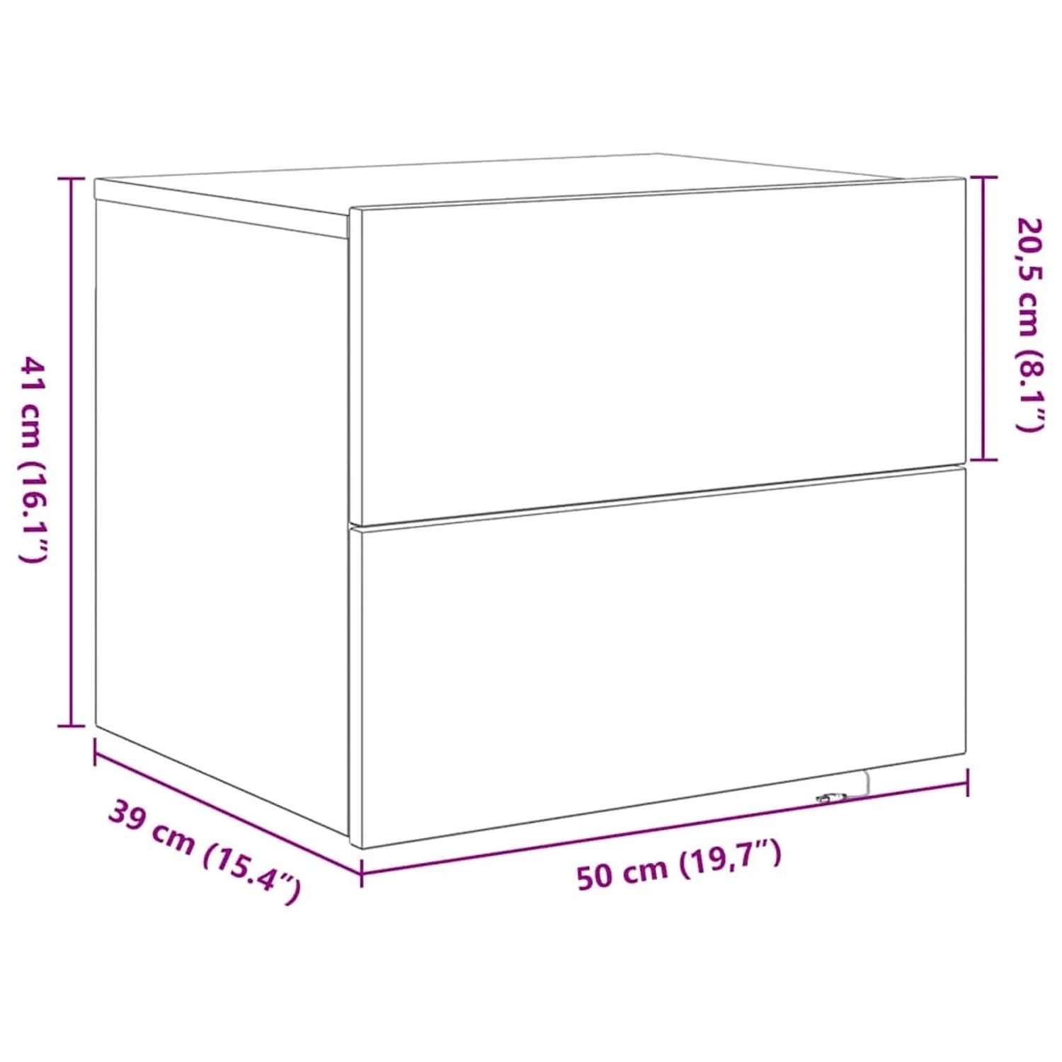 vidaXL Nachtschrank, schwarze Eiche, wandmontiert, mit 2 Schubladen und Maßangaben.
