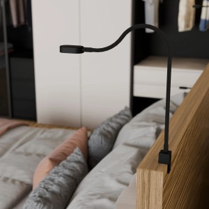 Schwarze kalb LED-Bettleuchte mit USB-C, flexibler Arm zur Wand- und Winkelmontage.