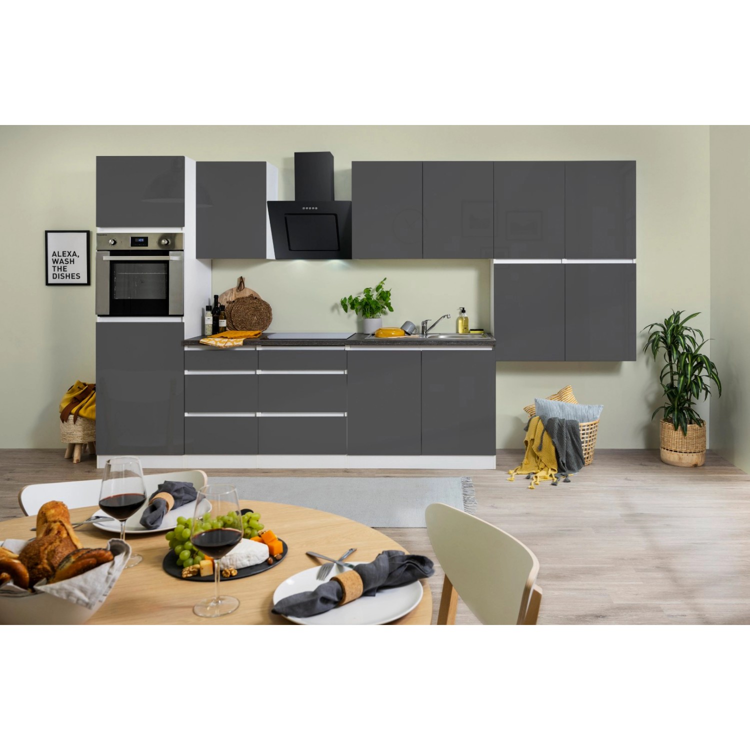 Respekta Küchenzeile/Küchenblock ohne E-Geräte 370 cm Grifflos Grau Hochglanz-Weiß