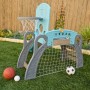 KidKraft 5-in-1 Klettergerüst mit Rutsche, Basketballkorb, Fußballtor, Baseballwand in Hellblau/Grau auf Rasen.