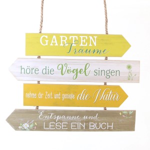 Gartenschild "Gartenträume" aus MDF, 35x26cm, mit Jutehänger und verschiedenen Sprüchen in Natur-, Weiß-, Gelb- und Grüntönen.