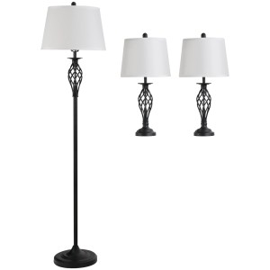 HOMCOM 3er Lampenset: Stehlampe und 2 Tischlampen, Metall schwarz/weiß für Innenleuchten.