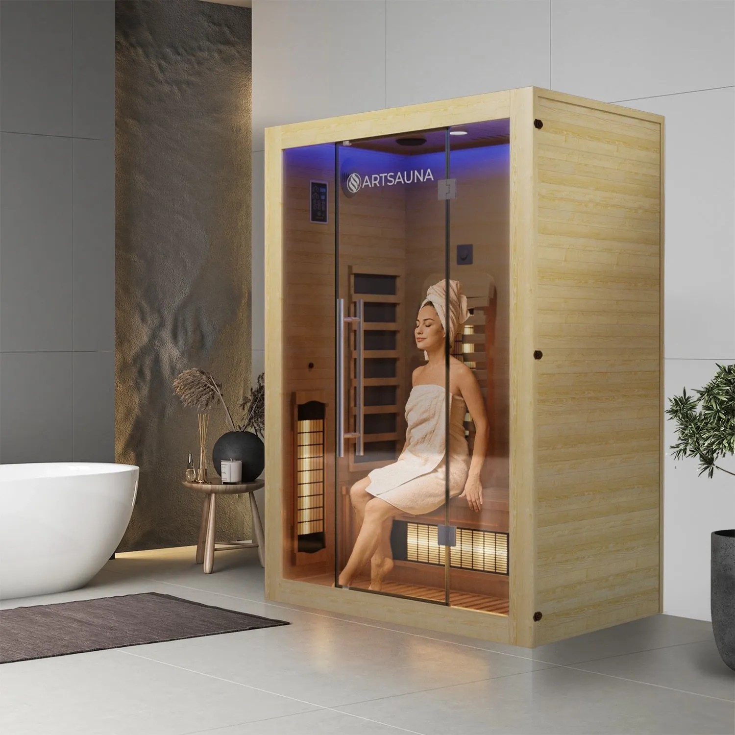Artsauna Infrarotkabine Kiruna130 Premium mit Hemlock-Holz und Frau in entspannter Atmosphäre.