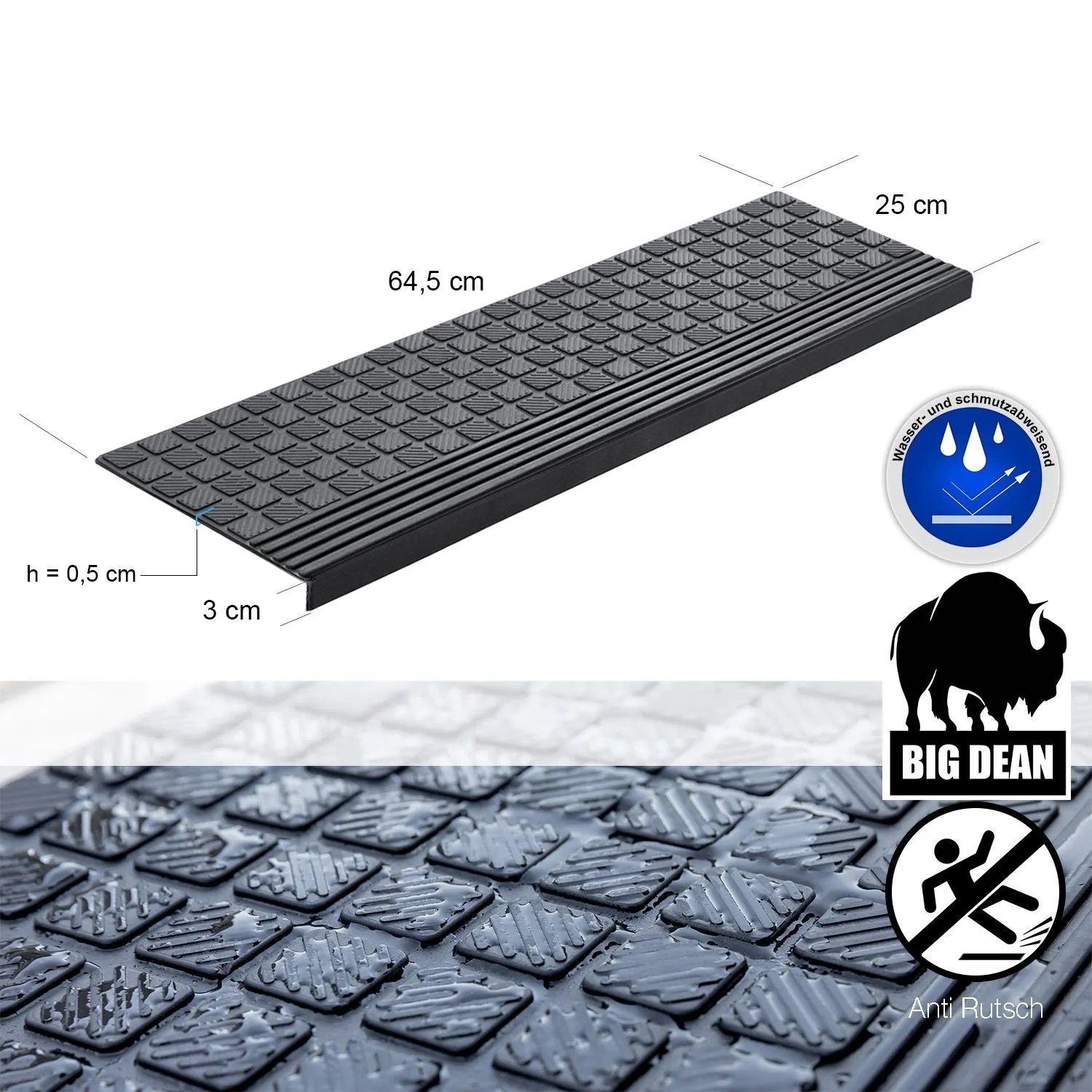 BigDean Gummi Stufenmatte 65x25cm, schwarz, mit rutschfester Oberfläche und Winkelkante für Innen- & Außentreppen.
