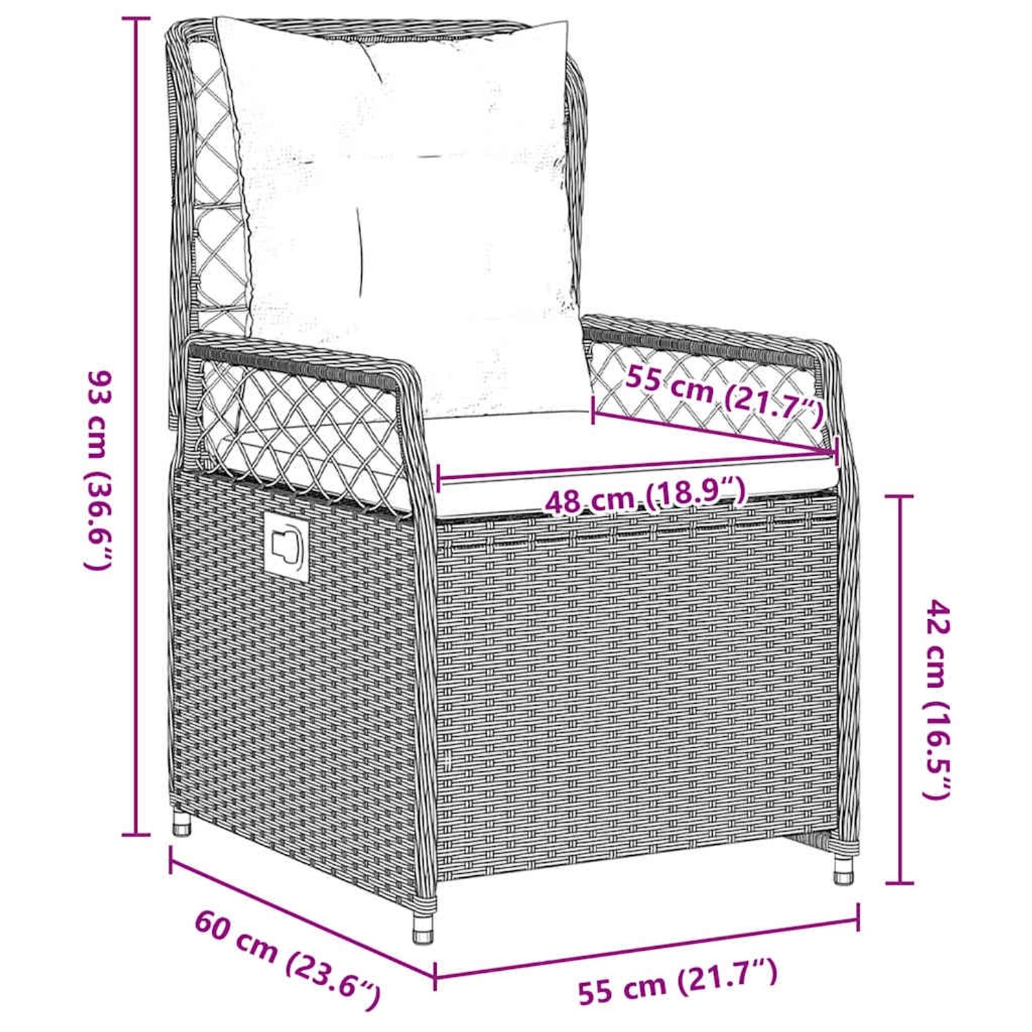 vidaXL Gartenstuhl, hellgrau, Poly Rattan, Teil der 5-tlg. Essgruppe, mit Maßangaben.