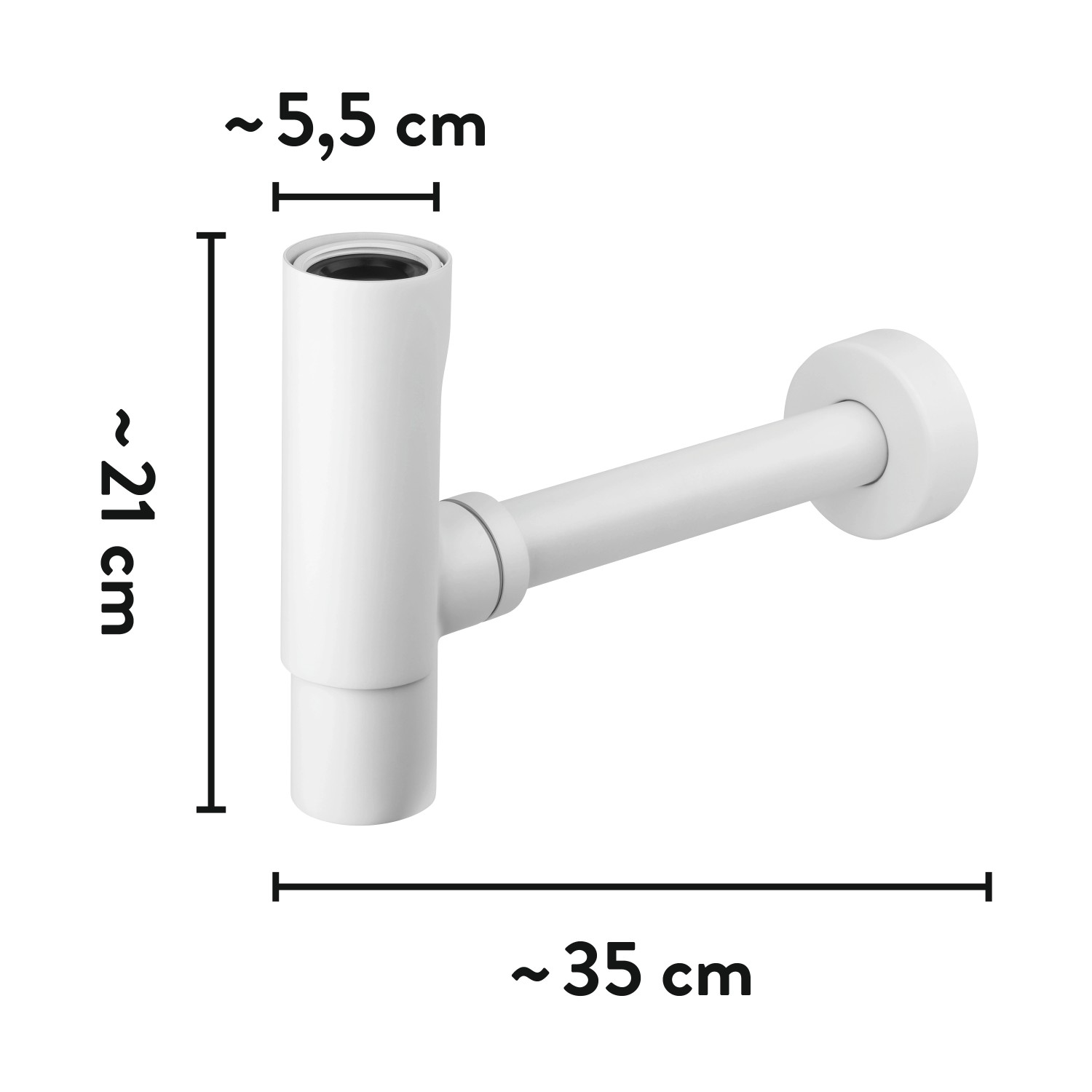 Weißer, matter baliv Flaschensiphon DS-3440 für Waschbecken mit Maßangaben.