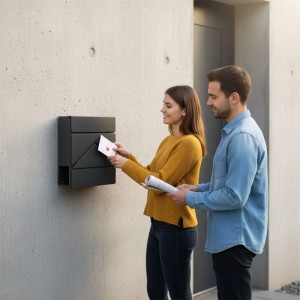 Anthrazitfarbener Wandbriefkasten mit Zeitungsfach. Paar wirft Brief ein.