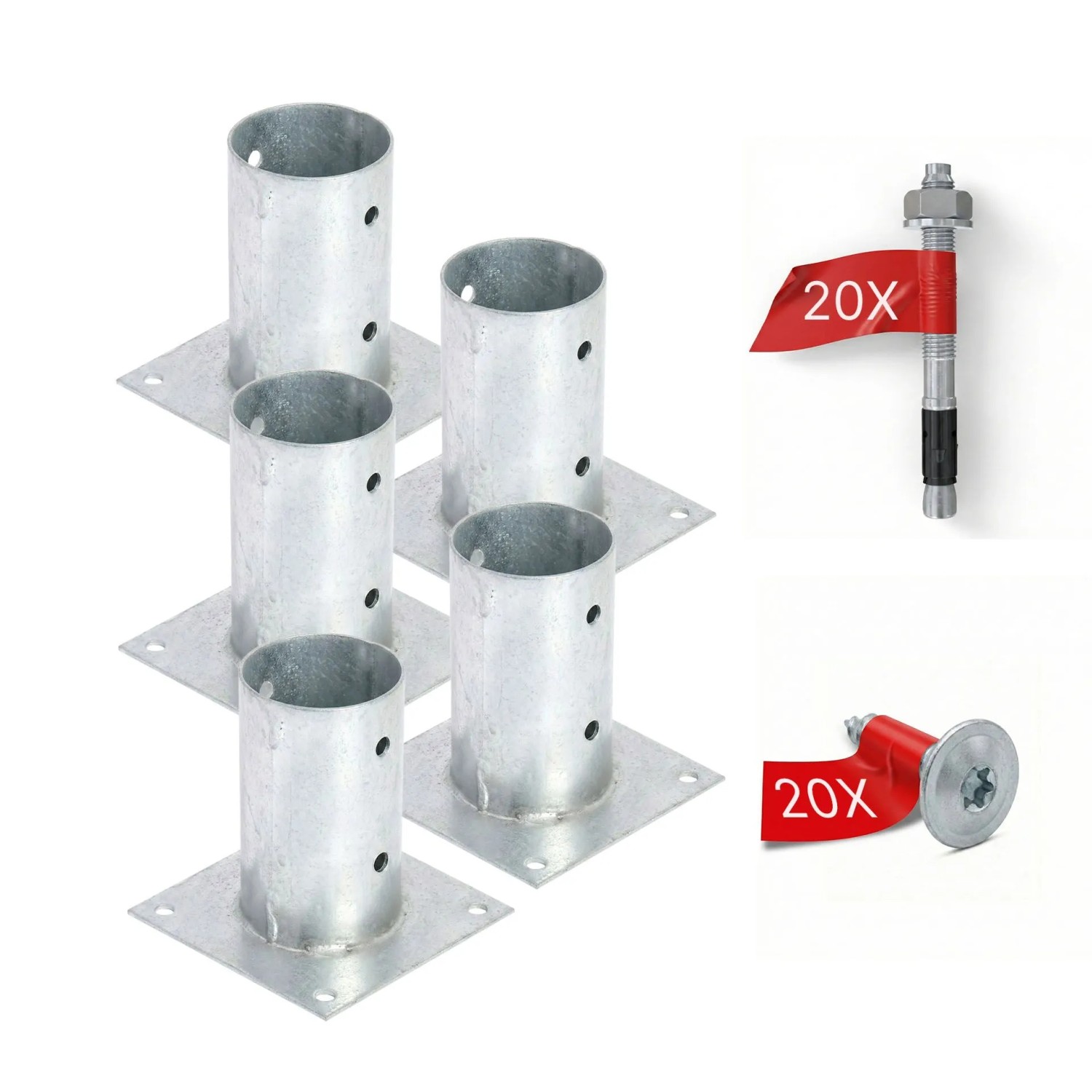 HOLLMAX 5 Stk. Aufschraubhülse/Pfostenträger 80 mm Komplettset Verzinkt Silber für Rundholzpfosten