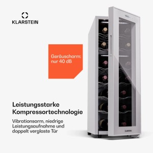 Weißer Klarstein Shiraz 18 Duo Weinkühlschrank mit offener Glastür, 18 Flaschen auf Metalleinschüben, 2 Zonen.