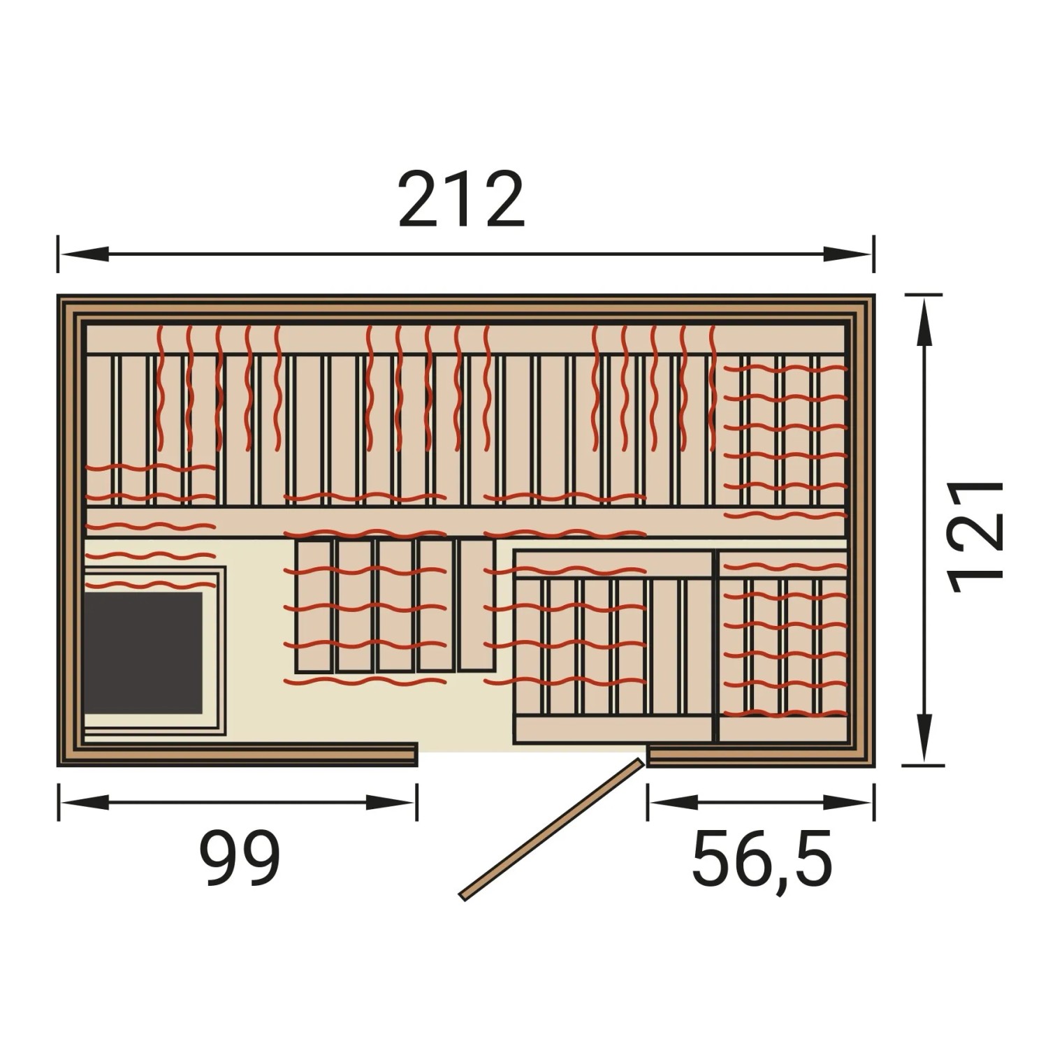 Skizze der Weka Infrarotsauna Uppsala mit Maßen (212x121x99x56,5 cm).