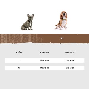 Größenvergleich: Knuffelwuff Hundehöhle Pumbaa, Größen L und XL mit Größenangaben.