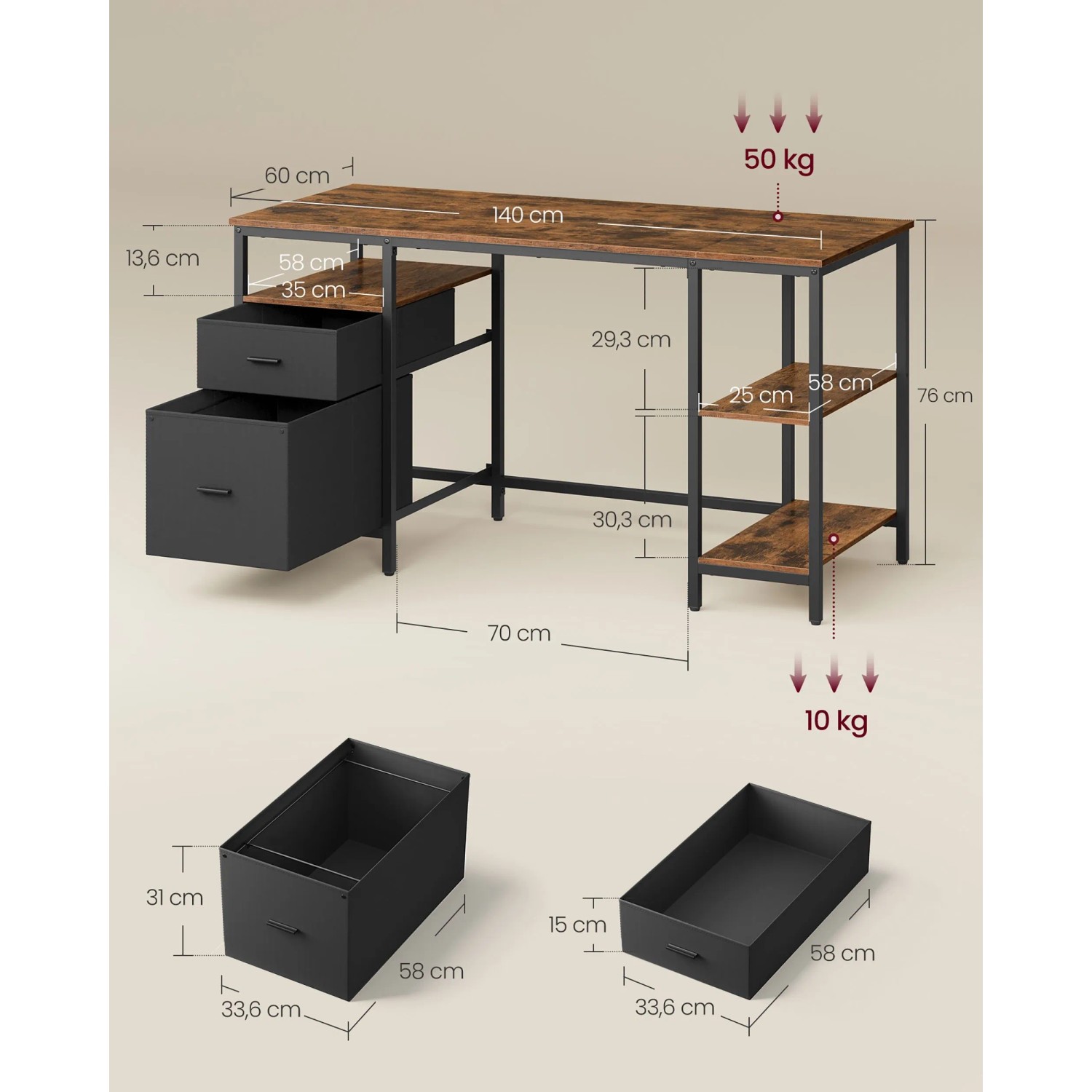 Vasagle Schreibtisch, 140x60x76 cm, braun-schwarz, mit 3 Ablagen und Maßangaben.