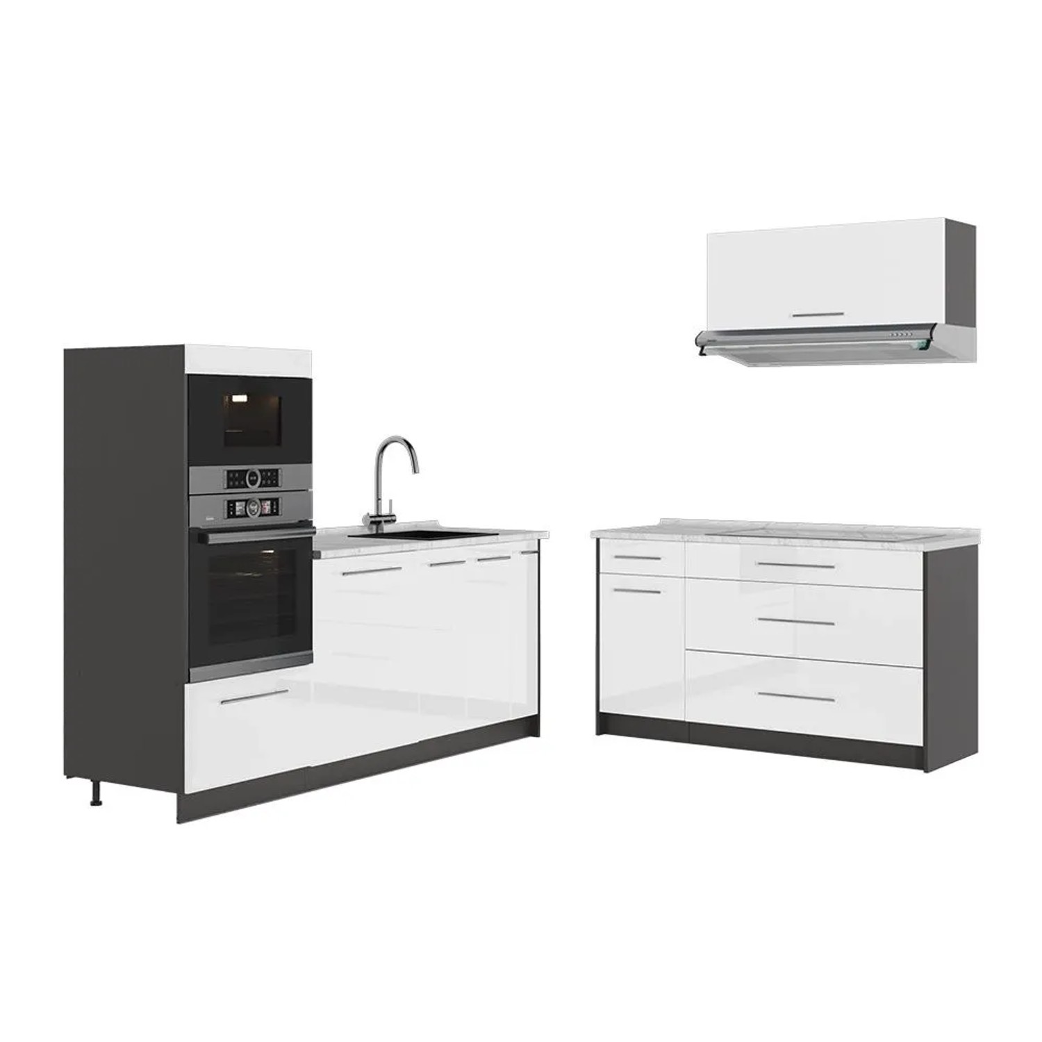 Vicco Küchenzeile Fame-Line Weiß Hochglanz/Anthrazit 340 x 154 AP Marmor Art Nr 63879