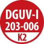 Rotes DGUV-I 203-006 K2 Siegel für robuste Kabeltrommel, geeignet für Baustellen und Gewerbe.