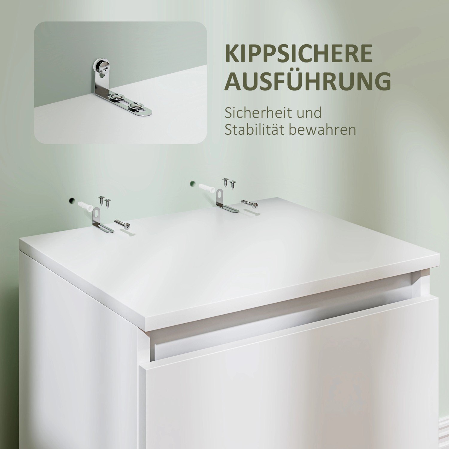 Detailaufnahme: Kippsicherung des weißen HOMCOM Nachttischs aus Spanplatte.