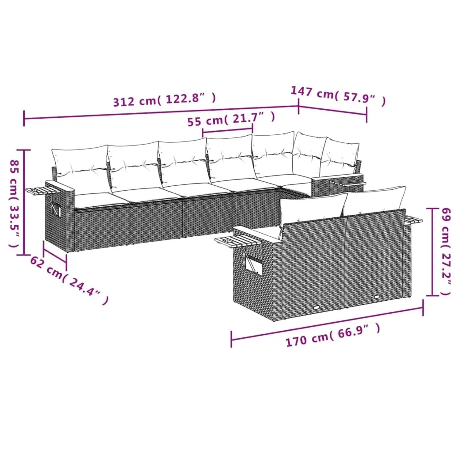 Graue 8-tlg. vidaXL Garten-Sofagarnitur aus Rattan mit Kissen und Maßangaben.