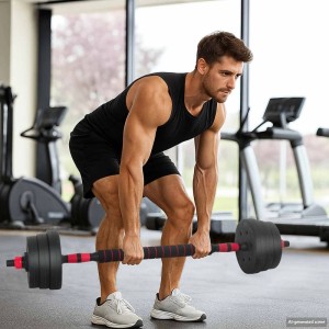 Mann trainiert mit vidaXL 2-in-1 Hantelset (30kg) in Schwarz/Rot. Ideal für Krafttraining zu Hause.