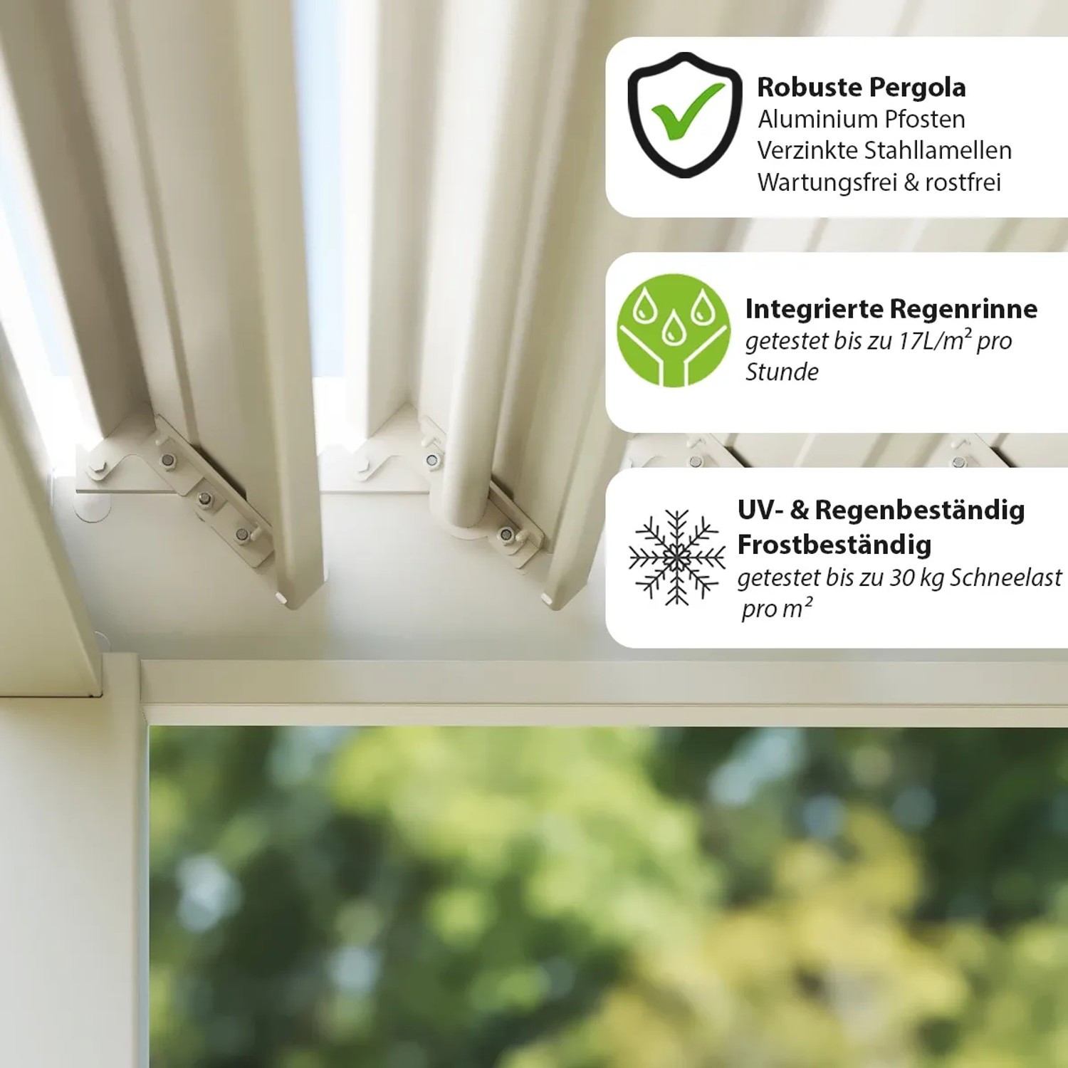 Detailaufnahme: Weiße Weide Classic Pergola mit Alu-Pfosten und Stahl-Lamellen. Robust, wartungsfrei und mit Regenrinne.