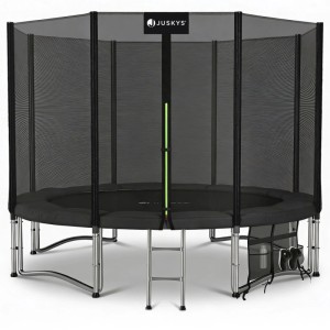 Juskys Gartentrampolin JumpMaster L, schwarz/anthrazit, mit Sicherheitsnetz und Leiter.