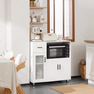 Weißes SoBuy Sideboard FSB78-W auf Rollen mit Schublade, Glastür und Fächern für Mikrowelle.