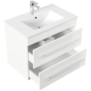 Posseik Badmöbel Artemis 750, weiß hochglanz, mit Waschbecken und zwei offenen Schubladen.